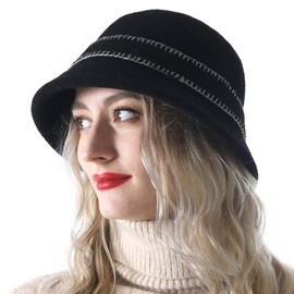 Women Elegant Winter Wool Bucket Hat 1920s Vintage Cloche Bowler Hats (Black)