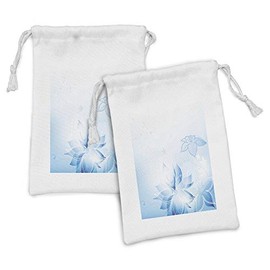 Lunarable Pale Blue Fabric Pouch Set of 2, Hand Drawn Daffodils Fantasy Flourish Soft Dreamy Display, Small Drawstring Bag for Toiletries Masks and Favors, 9" x 6", Pale Blue White