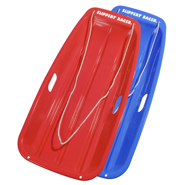 Slippery Racer Outdoor Downhill Sprinter Kids Toddlers Plastic Toboggan Winter Activity Snow Sled Bundle with Pull Ropes, 1 Red Sled, 1 Blue Sled