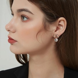 JeanBeau Gold Bow Stud Pearl Dangle Drop Earrings for Women Ribbon Bowknot Earing Dangling Costume Prom Wedding Fashion Jewelry Gift