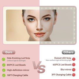 Car Sun Visor Vanity Mirror,Big Led Car Mirror with 3 Light Modes & 80 LEDs,Rechargeable Car Makeup Mirror - Dimmable Touch Control,Car Light Up Mirror Universal for Car Truck SUV (Pink)