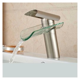 JYMALISA Glass Waterfall Spout Basin Faucet Deck Mounted Waterfall Hot Cold Water Tap Single Handle Bathroom Mixer Tap(Short Brushed Nickel)