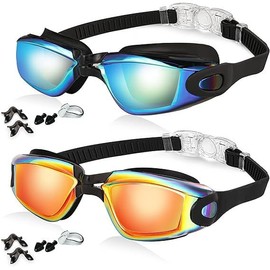 RETZLA 2 Pack Swimming Goggles for Adults & Kids - Perfect Summer Pool Swim Goggles for Women, Men, and Children (Black Gold Plated + Black Red Plated)