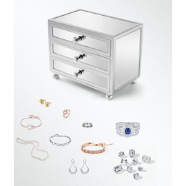 Gifturbo 3 Layer Mirrored Glass Jewelry Box, Large Capacity Women's Storage Box with Velvet Interior and Crystal Handle