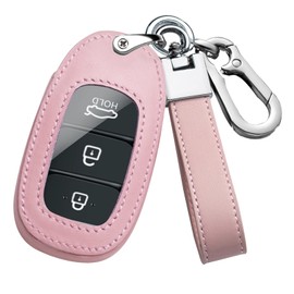 HIBEYO Fit for Hyundai Elantra Real Leather Key Fob Cover Smart Remote Key Fob Cover Compatible with Hyundai Palisade Elantra Kona Azera Santa Grandeur IG Car Accessories Protector-A Keychain Pink