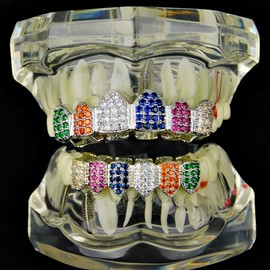 Grillz Set Multi-Color Silver Tone Top & Bottom CZ Bling Rainbow Clown Color Cubic Zirconia Hip Hop Grills