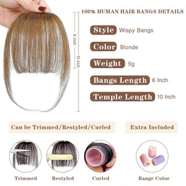 ZIHAN Bangs Hair Clip in Bangs 100% Human Hair Extensions Wispy Bangs French Bangs Fringe with Temples Hairpieces for Women Clip on Air Bangs Curved Bangs for Daily Wear (blonde)