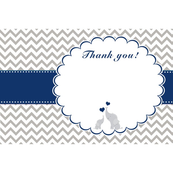 30 Thank You Cards Blue White Grey Chevron Zig Zag Elephant Design Baby Shower Birthday Party + 30 White Envelopes
