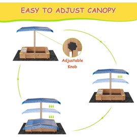 Outdoor Wooden Sandbox Large with 2 Plastic Boxes Outdoor Play Equipment, UV-Resistant & Adjustable Height Roof for Beach