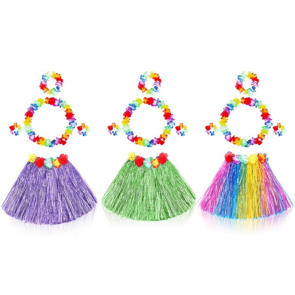 Fortuning's JDS 3 Sets Girl's Elastic Hawaiian Hula Dance Grass