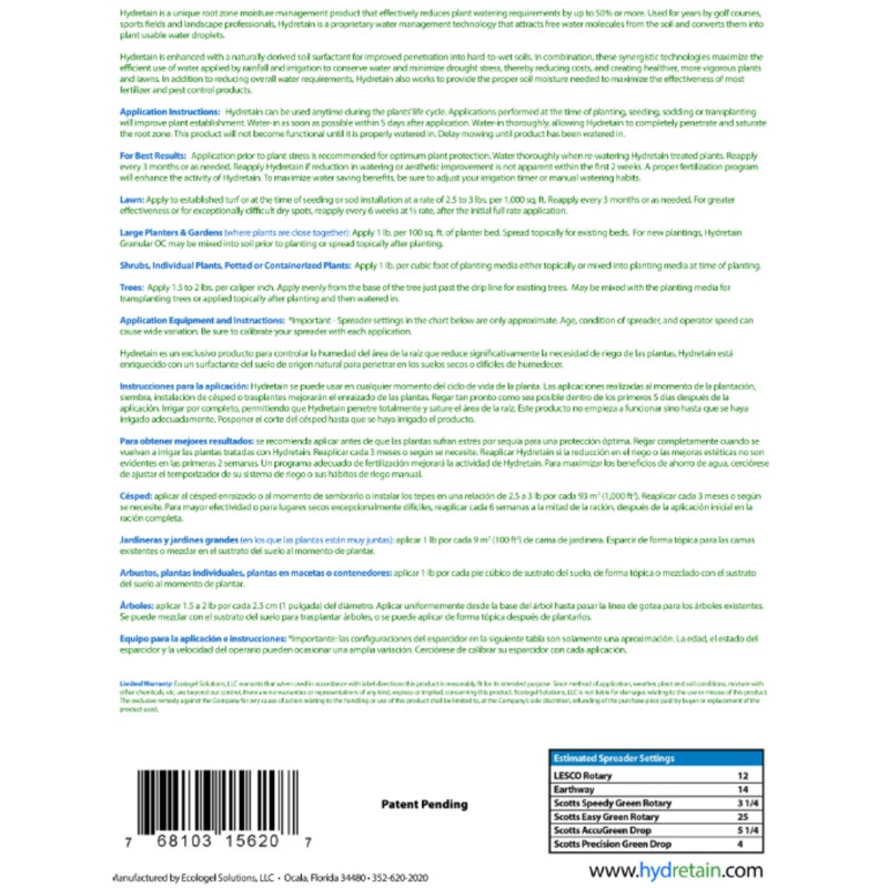 Hydretain Root Zone Moisture Manager - Drought Protection and Moisture