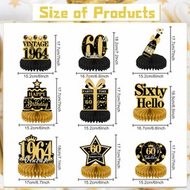 Luvart 60th Birthday Decorations-9pcs 60th Birthday Decorations for Men Black and Gold Table Decorations for Birthday Party Men Women Honeycomb Decs Vintage 60th Birthday Table Decorations