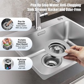 3 in 1 Kitchen Sink Drain Strainer-Stainless Steel Pop Up Kitchen Sink Stopper, Anti-Clogging Sink Food Catcher Basket, Fast Drainage Odor Filter Kitchen Sink Stopper for Standard 3 1/2 inch Drain