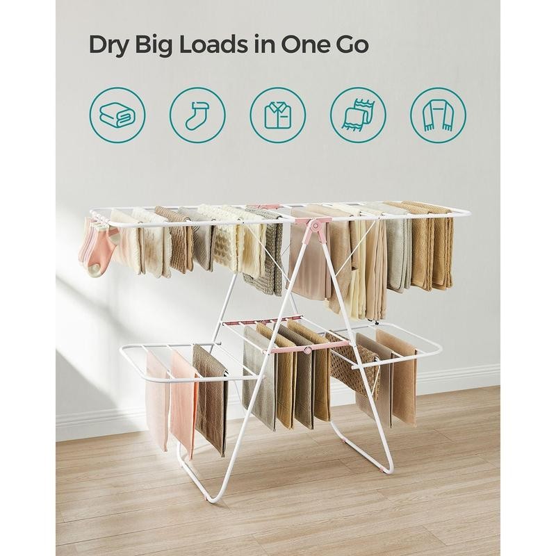 Foldable 2-Level Laundry Drying Rack White and Pink