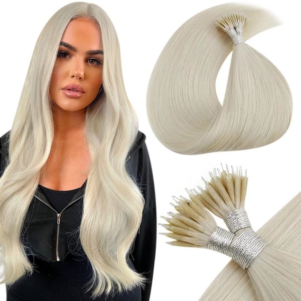 LaaVoo Nano Hair Extensions Platinum Blonde Nano Beads Hair Extensions Human Hair #60 Blonde Nano Ring Hair Extensions 14Inch Natural Thick 50G
