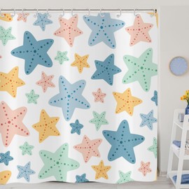 ASDCXZ Kids Shower Curtain 180x200 cm, Cute Cartoon Blue Yellow Green Orange Star Girl Boy Bath Washable Shower Curtains Polyester Textile Waterproof Bath Curtain for Bathtub with 12 Hooks