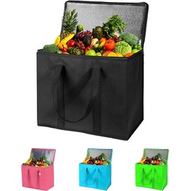 Adalex Global 16L Insulated Reusable Grocery Shopping Bag, Shopping Tote with Zippered Top for Hot and Cold Food Transport, Cooler Bag for Picnic Wine, Stands Upright (30x18x30cm 16L Black)