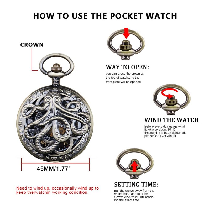 Tiong Unique Octopus Hollow Mechanical Pocket Watches with Chain Men's