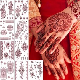 9 Pcs Henna Tattoo Kit Temporary Tattoo Adult Stickers Lace Pattern Fake Tattoos Henna Sticker for Women Girls DIY on Body Face Arms Legs Brown