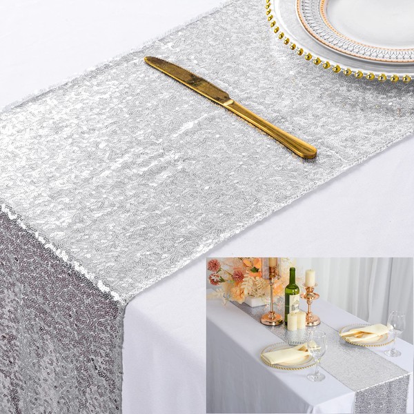 ShinyBeauty Silver Sequin Table Runner Sparkling Wedding / Event Decorations 30 x 180 cm (Can Choose Colour) (Silver Colour)