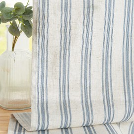 jinchan Striped Linen Kitchen Tier Curtain Farmhouse Cafe 30 Inch Small Window Balanced Stripe Half Window Curtains for Living Room Bathroom Laundry 2 Panels Blue on Beige
