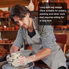 MIKI WELL Pottery Split-Leg Make Ceramic Apron, Long Split-Leg Artist Painting Apron with 3 Pockets for Men and Women (Grey)