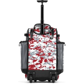 Boombah Rolling Catchers Superpack Baseball/Softball Gear Bag - PS-9124-3000C23 Digital Camo Gray/Red- Telescopic Handle and Holds 4 Bats - Wheeled Version
