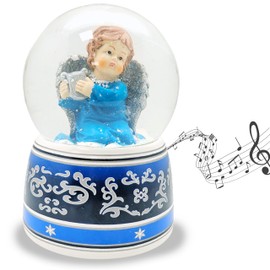 Snow Globe Christmas Angel Blue with Silver Harp | Base with Ornaments | with Music Box "Beethoven | Height: 140 mm Width: 100 mm | 20028
