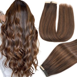 Human Hair Extensions Tape in, Balayage Dark Brown to Chestnut Brown Real Straight Tape ins Seamless Skin 16 Inch 20pcs Remy Tape in Hair Extensions Human Hair(2/2/6#, 16 Inch)