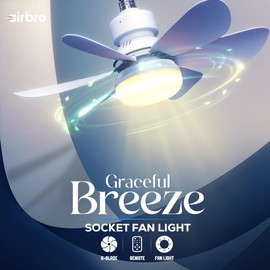 Airbro 21” Socket Fan Light with Remote Control – Quiet 3-Speed Ceiling Fan Light, Adjustable Brightness, 50W, E26/E27 Base, 80% Energy Saving – Socket Extender Included