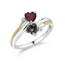 Gem Stone King 925 Silver and 10K Yellow Gold Red Rhodolite Garnet Green Mystic Topaz and White Lab Grown Diamond 2 Heart Promise Couple Engagement Mother Ring (1.17 Cttw, Size 7)