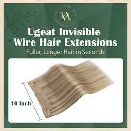 Ugeat Human Hair Extensions Wire Dark Ash Blonde Highlighted Butter Blonde Natural Hair Extensions Wire Hair Extensions with Invisible Fish Line Straight 18 Inch 80g