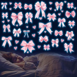 Glow in The Dark Pink Bow Wall Stickers Glowing Luminous Light Pink Bow Knot Wall Decals Watercolor Coquette Wall Art Decor Bow Wallpaper for Nursery Kindergarten Girls Bedroom