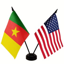 Zigvert American & Cameroon Twin Flag Desk Set, Table Flags Twin Pin and Base, 8 x 5 Inches American & Cameroon Deluxe Desk Flag Set - Miniature American & Cameroon Desktop Flag