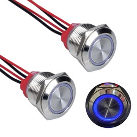 DMWD 2Pcs 19mm Metal Latching Push Button Switch Waterproof 7Amp 12V-24V ON-Off 1NO with Cable for 3/4" Mounting Hole (Self-Locking Blue LED)