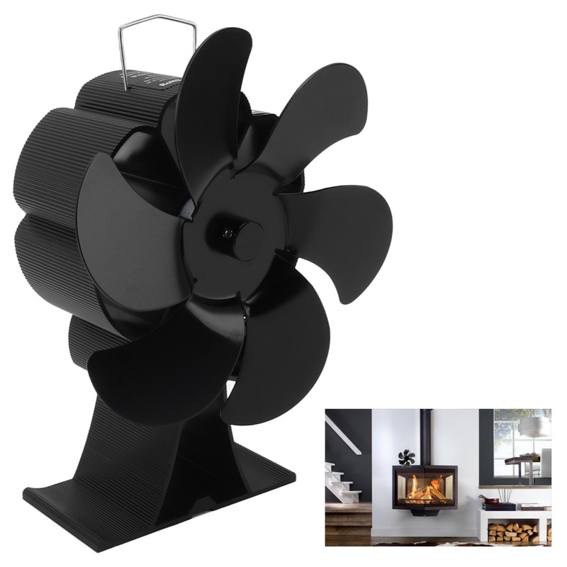 Black 6 Blade Heat Powered Stove Fan Thermodynamically Driven Fireplace