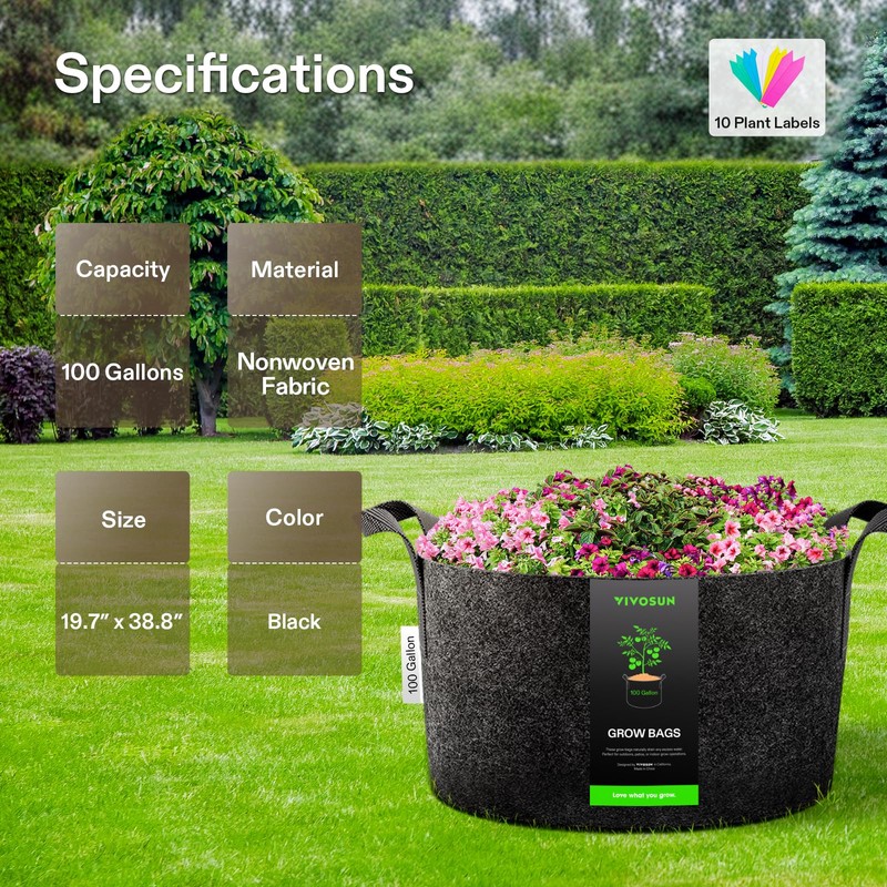 VIVOSUN 1 Pack 100 Gallon Grow Bag, Fabric Pot with