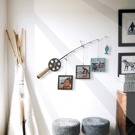 AZEZO Wood Fishing Pole Picture Frame - Three 4''x4'' Frames, Real Fishing Rod Design, Adjustable Hanging - Fishing Decor for Lake House, Cabin, Farmhouse Wall, Boy’s Room, Fishing Lovers, Fisherman