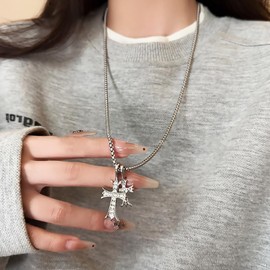 Gothic Double Cross Necklace, Silver Plated Goth Cross Necklace Y2K, Dainty Cross Choker Necklace for Women Men Silver Non Tarnish, Chrome Heart Chain Link 2000s Jewelry Gift