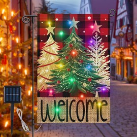 Lighted Christmas Garden Flag 12x18 Double Sided, 8 Modes Solar Led Welcome Yard Flags Christmas Tree for Holiday Xmas Outside Outdoor Home Porch Decoration