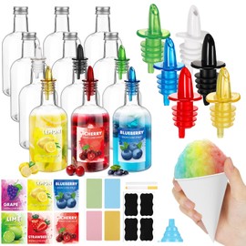 Maxcheck 12 Pcs Plastic Snowcone Syrup Bottles Snow Cone Supplies Empty Plastic Syrup Dispenser with Rainbow Pourer Plastic Long Neck Bottles for Summer Fruit Syrup Party(16 oz)