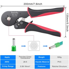 Satisby Hexagonal Ferrule Crimper,16mm² Ferrule Crimp 0.08-16mm²/AWG28-5,Ratchet Structure Anti Slip Handle with 30PCS 16mm Crimp Connectors
