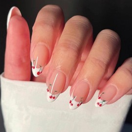 Valentines Press on Nails Almond Medium Fake Nails White French Glue on Nails Cherry Acrylic Nails Nude Translucent Valentine's Day Cute Nail Decorations for Women 24 Pcs