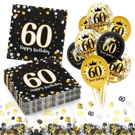 Napkins 60th Birthday, Pack of 30 Napkins 60th Birthday Man + 18 Pieces Decorative 60th Birthday Balloons, Napkins 60th Birthday Man Woman, Happy Birthday 60 Napkins