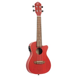 Ortega Guitars, 4-String Earth Series Concert Acoustic/Electric Ukulele, Right, Transparent Fire Red, (RUFIRE-CE)
