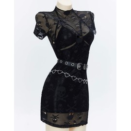 MEOWCOS Women's Cocktail Dress Set Gothic Punk Halter Backless Dress and Lace Mesh Dress with Belt Waist Chain Black