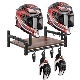 Motorcycle Helmet Holder Wall Motorcycle Coat Rack Helmet Display Stand with Hooks for Use in Homes, Entrance Areas, Garages, Workshops in the Basement (Walnut Colour)
