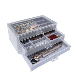 AREMOD Jewelry Organizer Box with 3 Drawers, Clear Acrylic Jewelry Organizer Stackable Velvet Jewelry Trays Earring Display Holder for Women Girls Ring,Necklace Earring Organizer(Gray)