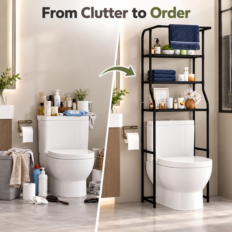 4-Tier Over Toilet Storage Rack with Basket – Freestanding Black