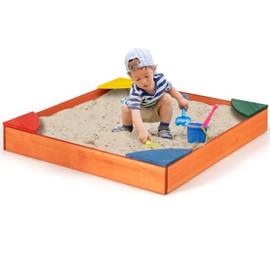 Costzon Kids Wooden Sandbox, Wood Cedar Square Sand Box with 4 Colorful Built-in Corner Seating, Bottomless Structure, Children Outdoor Beach Backyard Play Furniture for Ages 3-8